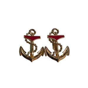 Vintage Avon Gold Red Enamel Navy Anchor Nautical Clip On Earrings